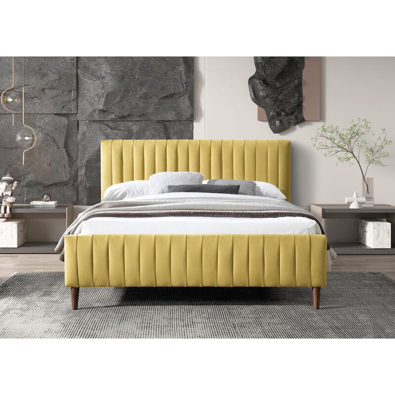 Omax Decor Spencer Wood/Fabric Upholstered Queen Platform Bed in Gold Velvet