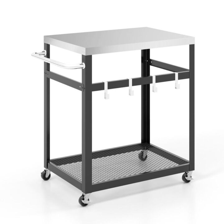 Hivvago 2-Tier Stainless Steel Grill Cart with 4 Hooks and Wheels BBQ Table
