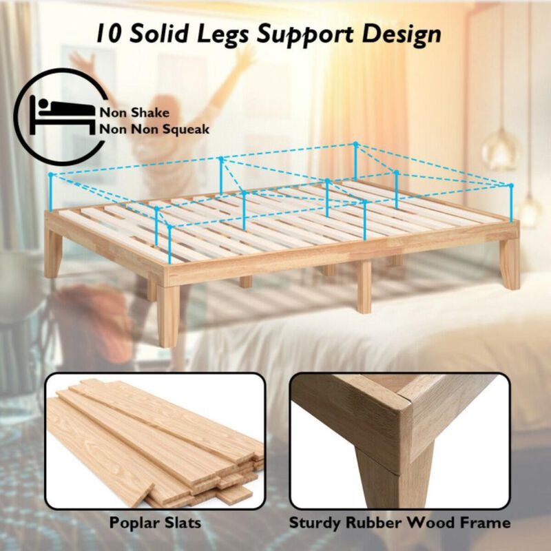 Hivvago 14 Inch Queen Size Rubber Wood Platform Bed Frame with Wood Slat Support