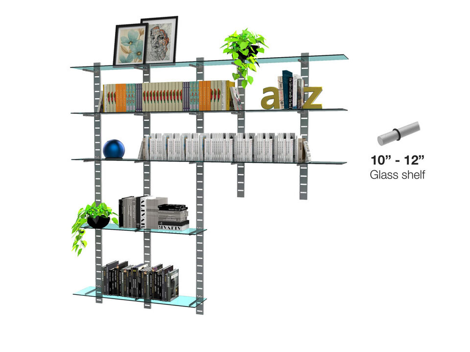 Trendy  Living Room Shelving System 91" & 46" High with 8 Glass Shelves 48" Length 10"-12" Width | 4 Sections- Shelves Sold Separately