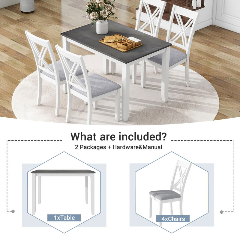 Rustic Minimalist Wood 5-Piece Dining Table Set With 4 Xback Chairs For Small Places