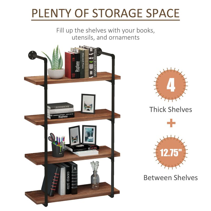 Rustic Floating Shelves: 4-Tier Industrial Pipe Wall-Mounted Rack