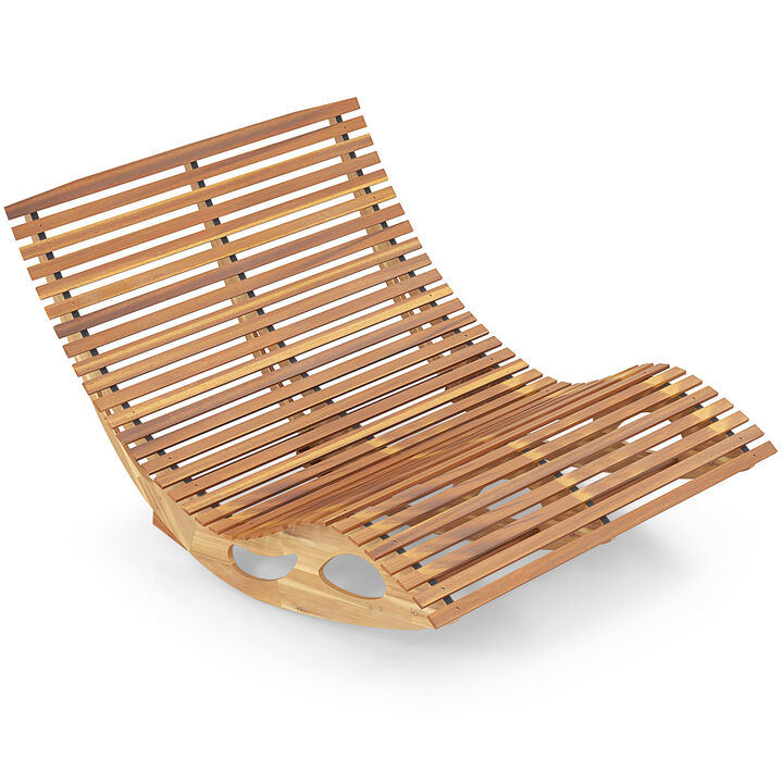 Slatted Acacia 2-Seat Patio Dual Rocker Lounger with Ergonomic Curved Seat for Outdoor Relaxation