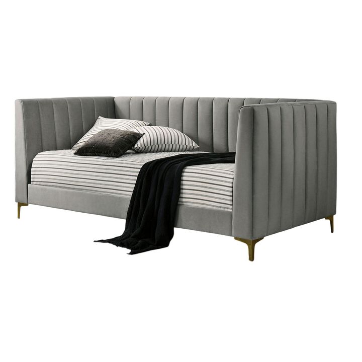 Iina Twin Daybed with Tuxedo Details, Gray Channel Tufted Flannelette - Benzara