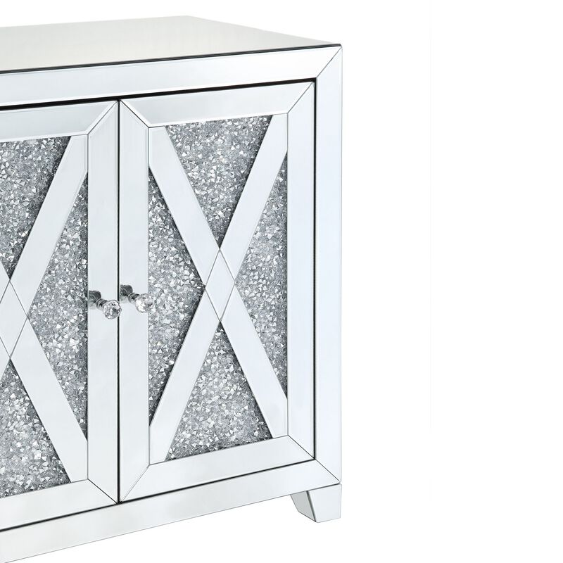 Storage Cabinet with Mirror Trim and X Shape Design, Silver-Benzara