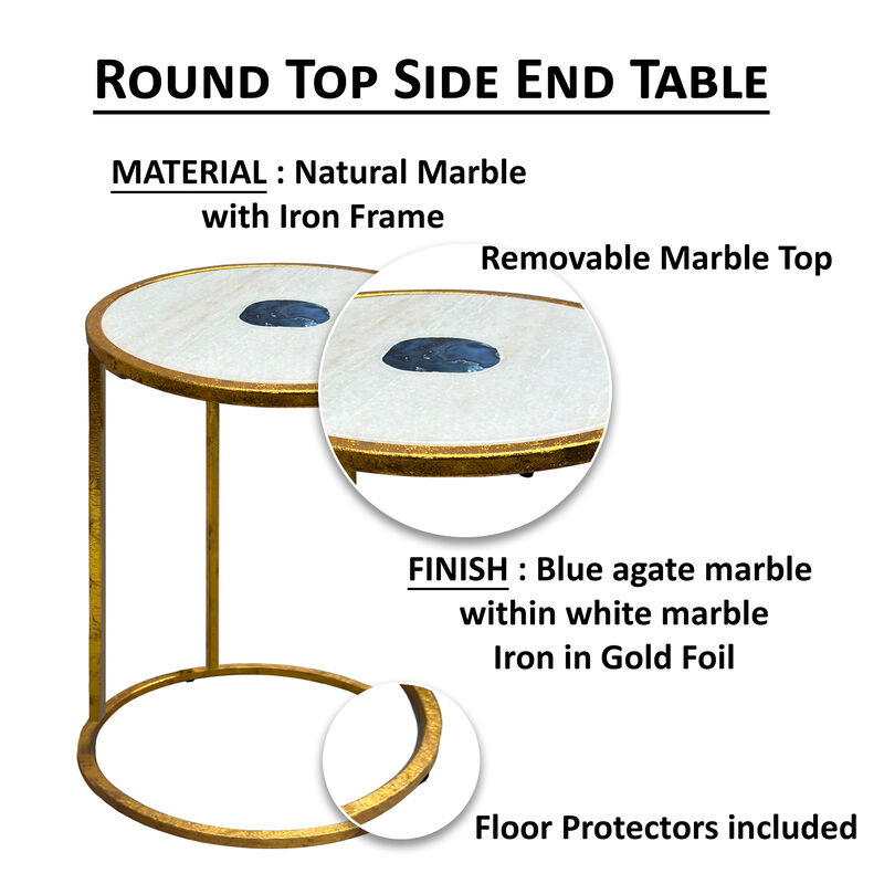 20 Inch Round Side End Table, White Marble Top with Blue Agate Stone Inlay, Gold Foil Finish Iron Frame - Benzara