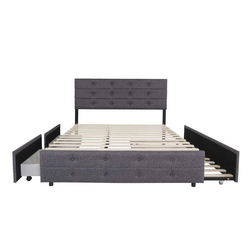 Queen Size Upholstered Linen Fabric Trundle Bed With Drawers Grey