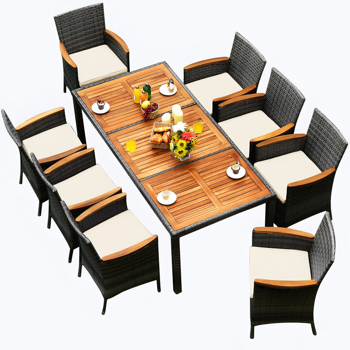 9 Pieces Rattan Patio Dining Set with Acacia Wood Table and Cushioned Chair