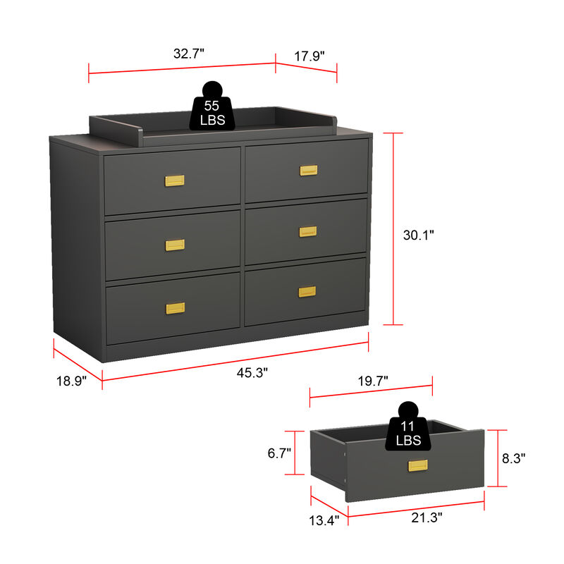 6-Drawer Gray Wood Kids Dresser Chest of Drawers Dresser Storage Organizer Cabinet 30.1 in. H x 45.1 in. W x 18.9 in. D