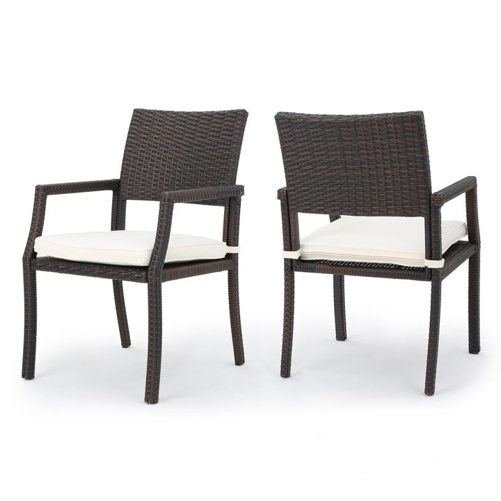 Roeh Outdoor Dining Chair Set of 2, Contemporary Wicker and Brown Fabric