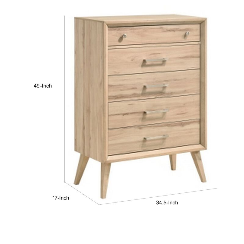 Kali 49 Inch Tall Dresser Chest, 5 Drawers, Nickel Handles, Oak Brown Wood - Benzara
