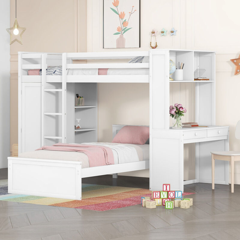 Twin Size Loft Bed With A Stand-Alone Bed, Shelves, Desk, And Wardrobe