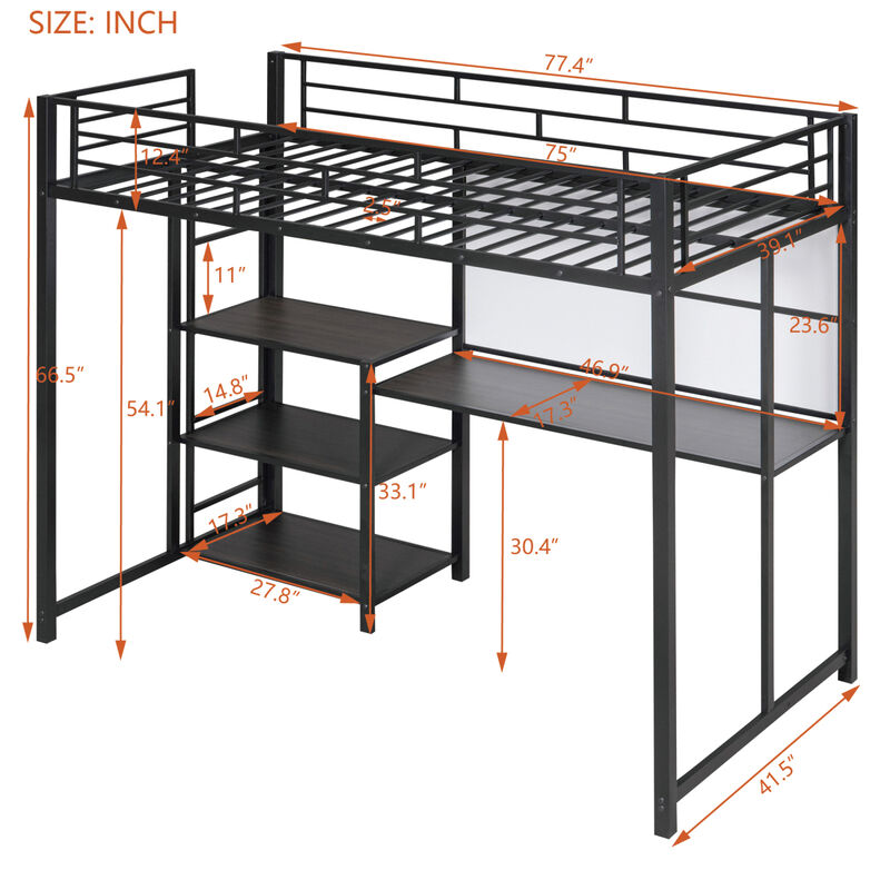 Twin Size Loft Bed With Desk And Board, Metal Loft Bed With 3 Shelves And Ladder