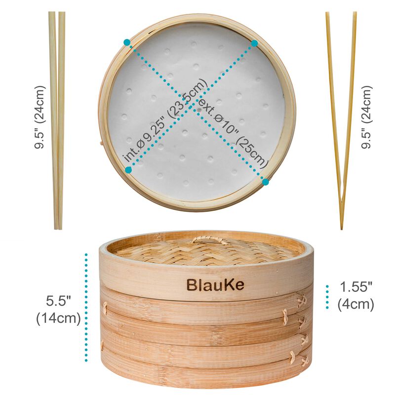 2-Tier Bamboo Steamer for Cooking Dumplings, Vegetables, Meat, Fish, Rice - Bamboo Steamer Basket 10 Inch with 2 Pairs Chopsticks, Tongs and 50 Paper Liners