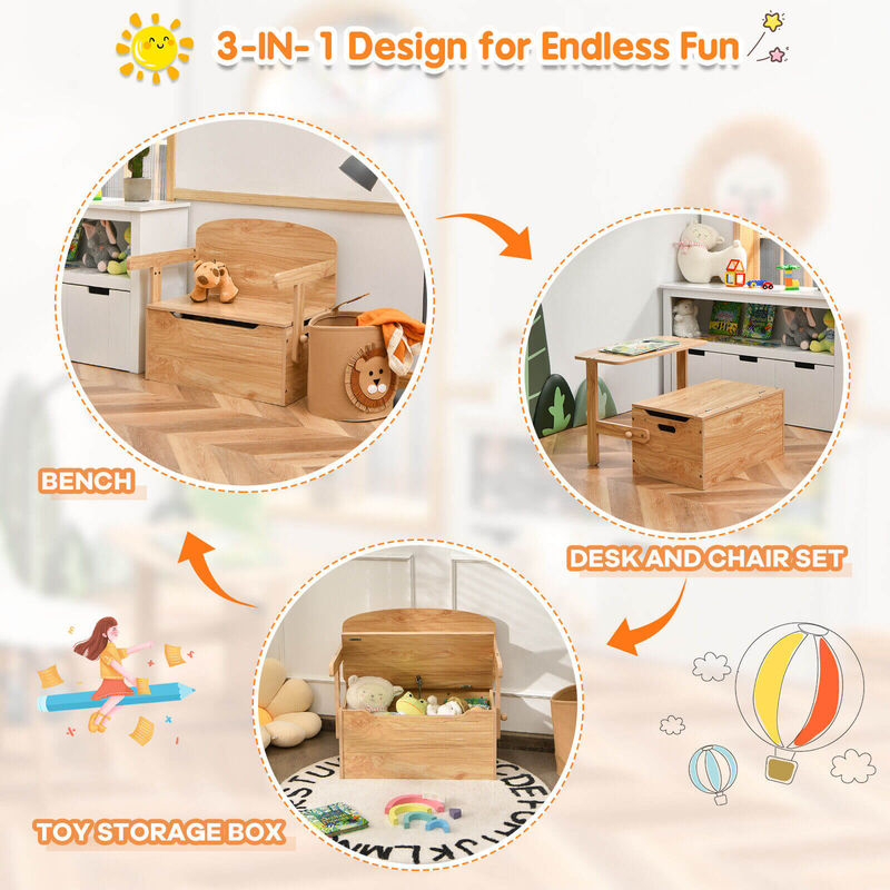 3-in-1 Kids Convertible Storage Bench Wood Activity Table and Chair Set