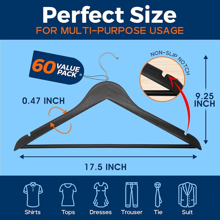 Wooden Clothes Hangers - 60 Pack, Durable, Non-Slip, Space-Saving Hangers for Dresses, Coats, and More, Holds Up to 10 lbs with 360° Swivel Hook, Black Finish