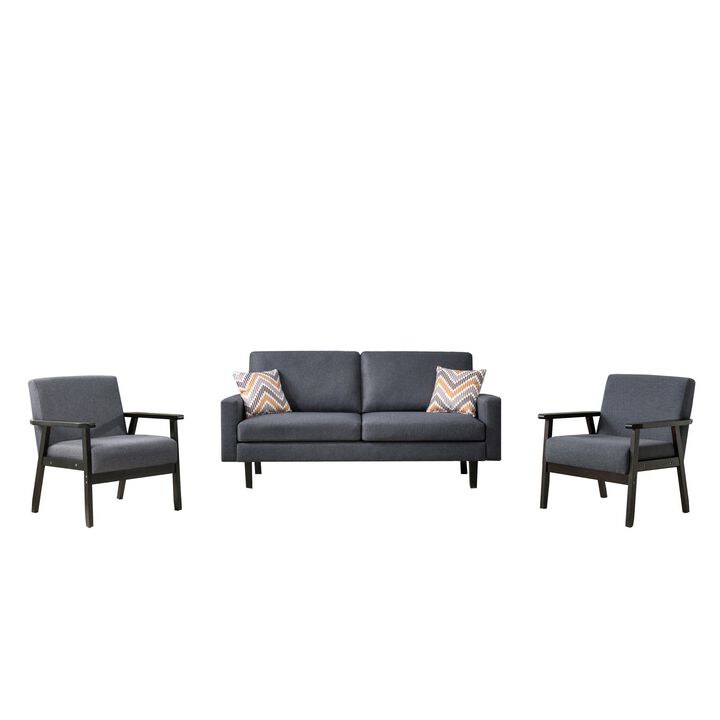 Gala 3 Piece Sofa and Chairs Set, Gray Fabric, 2 Pillows, Black Wood Frame-Benzara