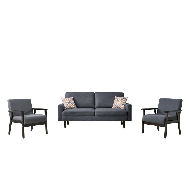 Gala 3 Piece Sofa and Chairs Set, Gray Fabric, 2 Pillows, Black Wood Frame-Benzara
