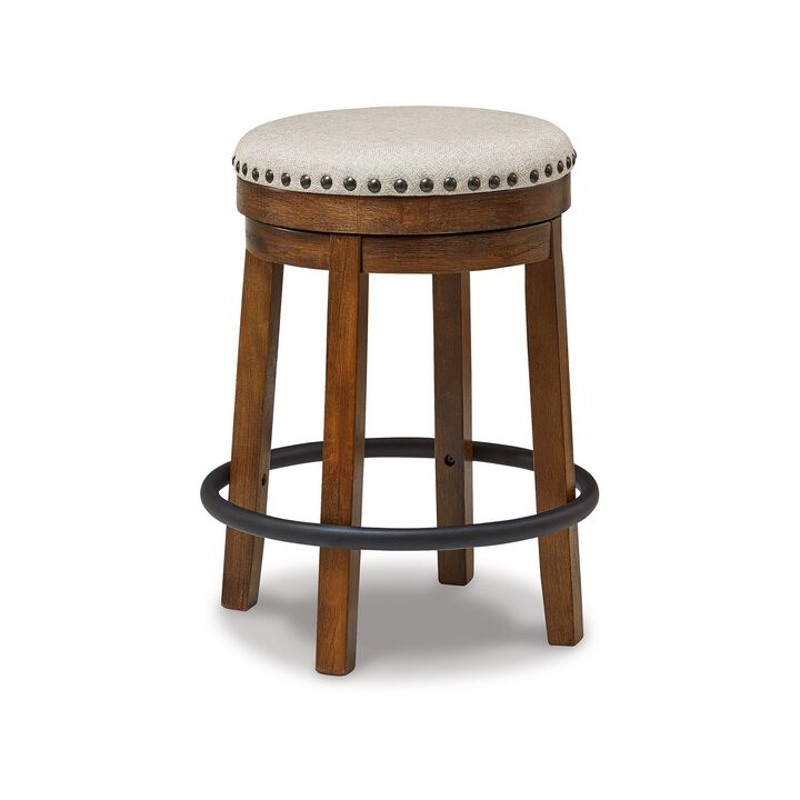 Zane 24 Inch Backless Swivel Counter Stool, Round Beige Seat, Brown Wood - Benzara