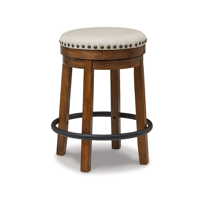 Zane 24 Inch Backless Swivel Counter Stool, Round Beige Seat, Brown Wood - Benzara
