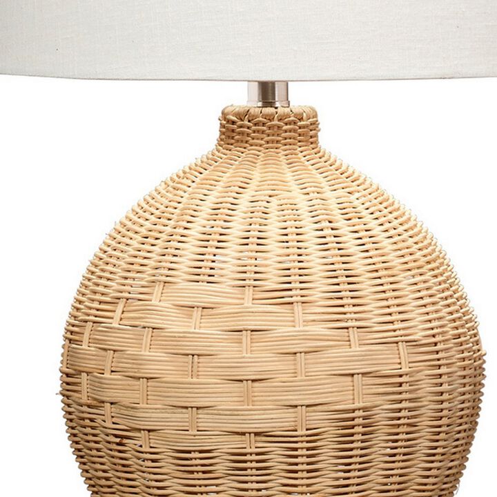 Cape 22 Inch Contemporary Rattan Table Lamp, Hand Woven, Linen Shade, Brown-Benzara