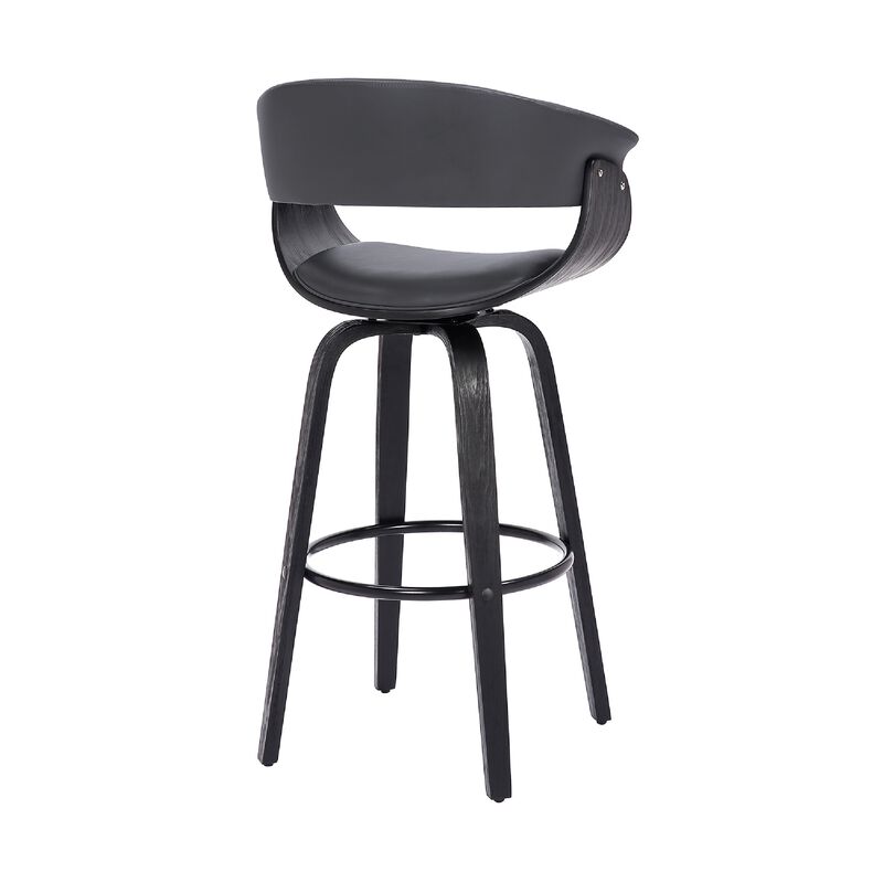 26 Inch Swivel Faux Leather Barstool with Curved Open Back, Gray-Benzara