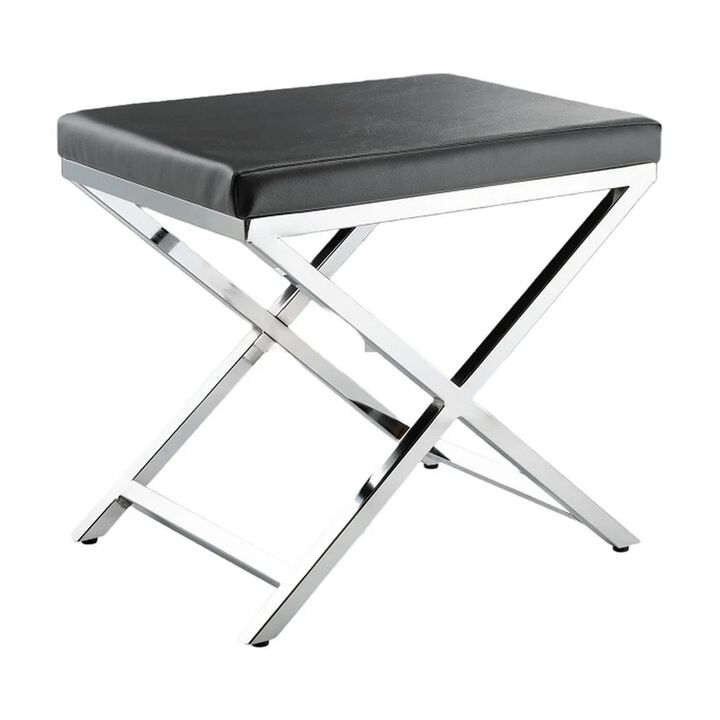 Myra 21 Inch Accent Stool, Gray Faux Leather Seat, Chrome Crossed Legs - Benzara