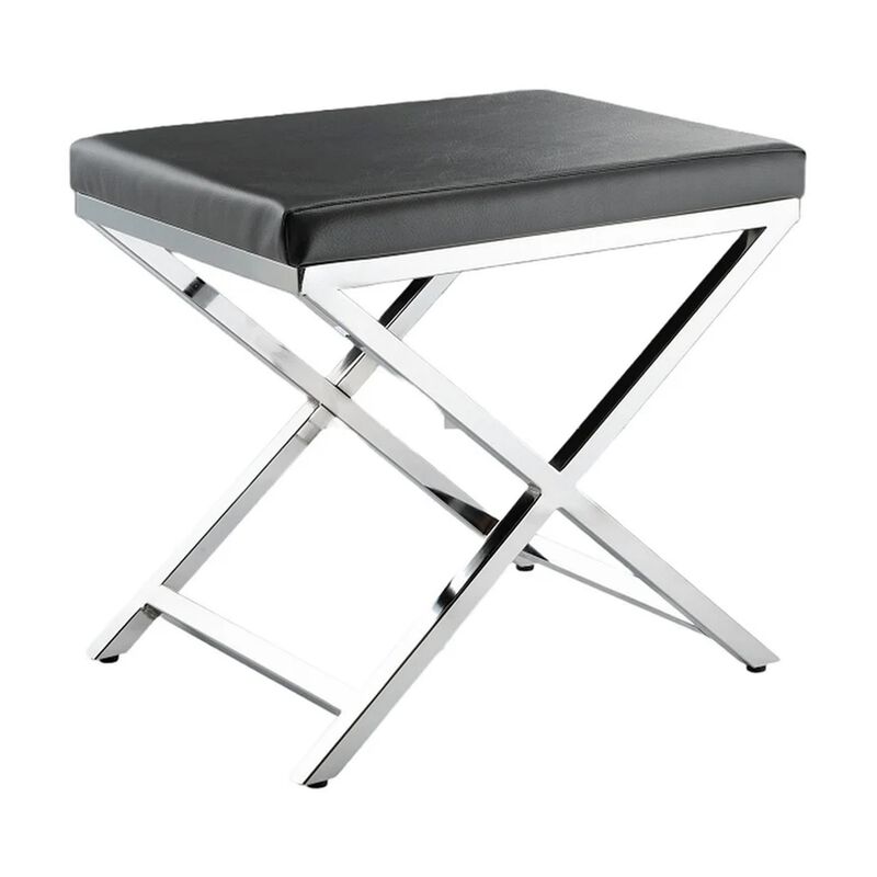 Myra 21 Inch Accent Stool, Gray Faux Leather Seat, Chrome Crossed Legs - Benzara