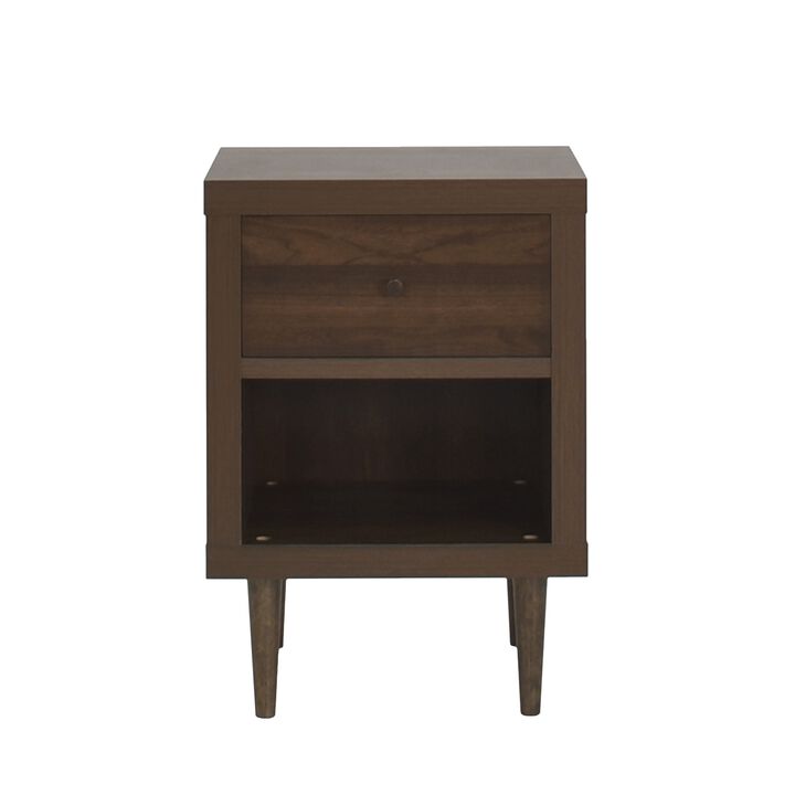 Minie Nightstand with 1 Drawer, Shelf, Rubberwood Legs, Walnut Brown - Benzara