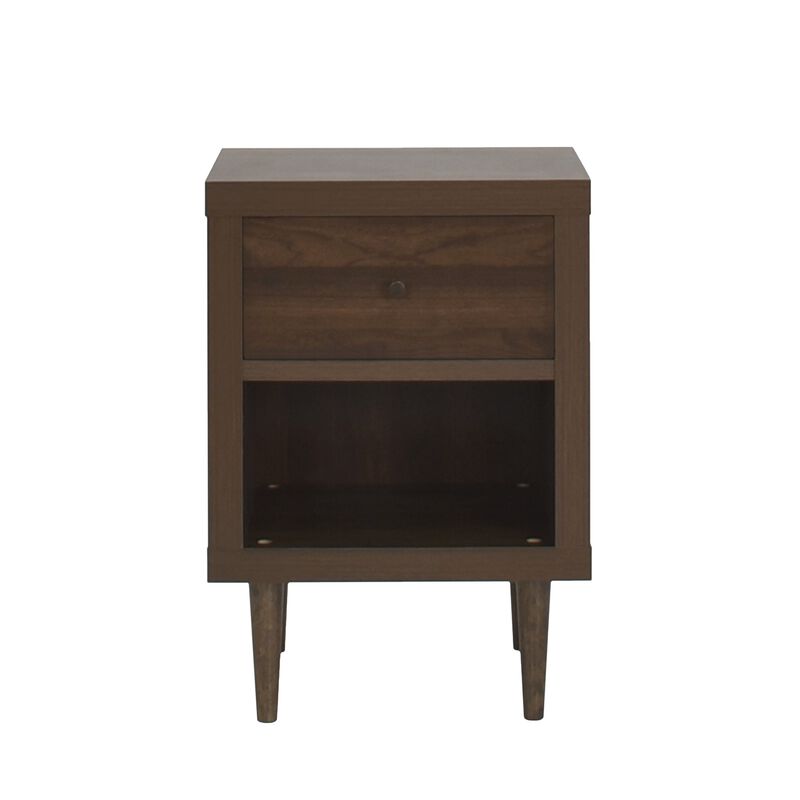 Minie Nightstand with 1 Drawer, Shelf, Rubberwood Legs, Walnut Brown - Benzara