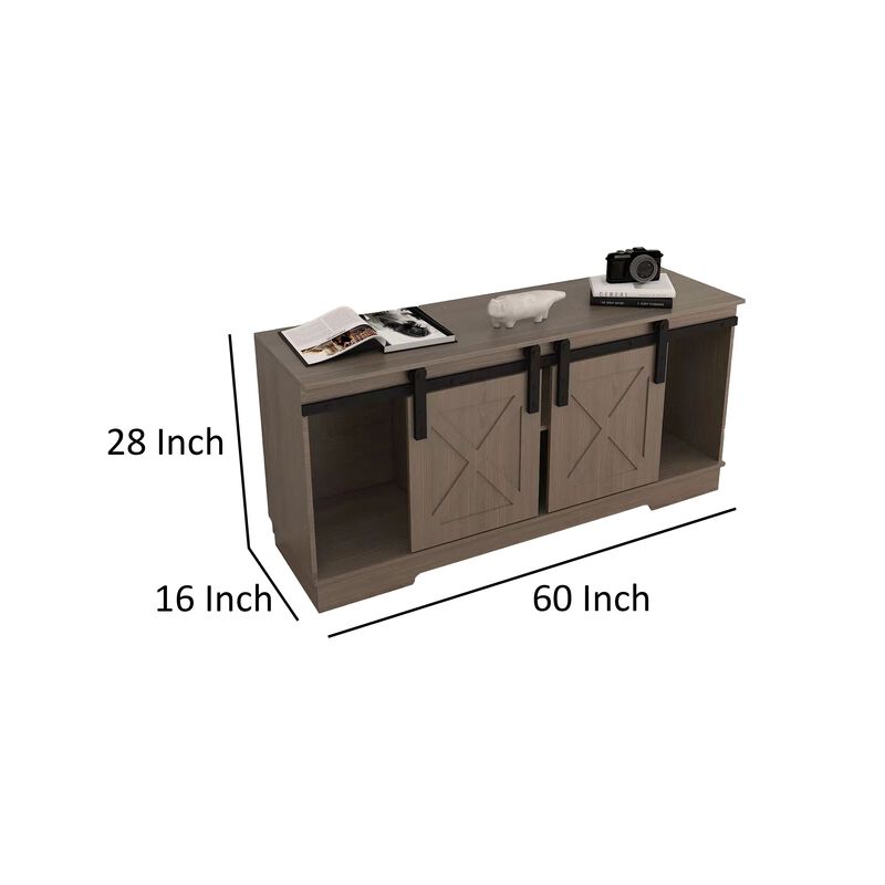 Jney 60 Inch TV Media Entertainment Console, 2 Sliding Barn Doors, Gray - Benzara