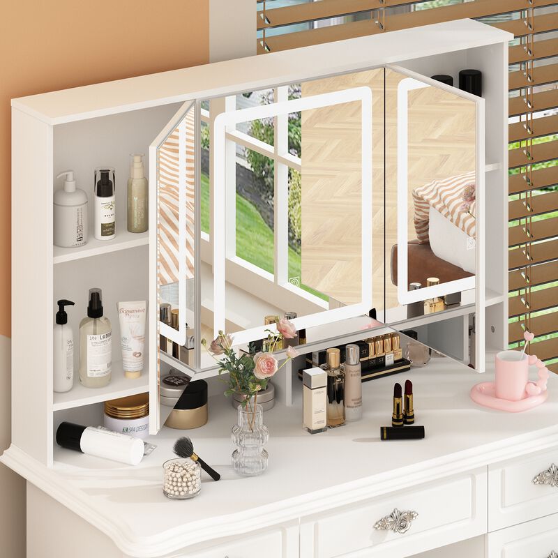 White Makeup Vanity Table Dressing Desk with 3-Mirrors, LED Lighted, 9-Drawers, Hidden Storage Shelves, Crystal Handles