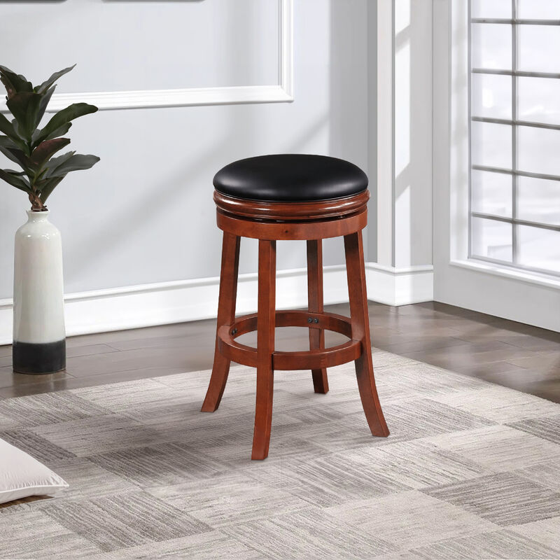Sabi 30 inch Swivel Counter Stool, Solid Wood, Faux Leather, Brown, Black-Benzara