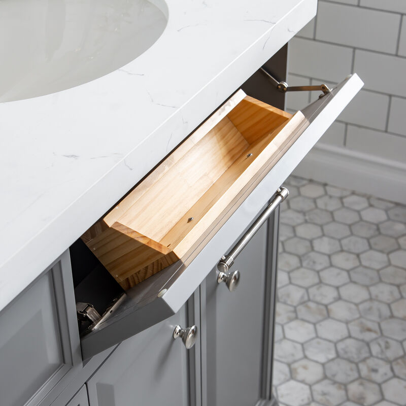Palace 72 In. Double Sink Carrara Quartz Countertop Bath Vanity in Cashmere Grey with Polished Nickel (PVD) Hardware and Waterfall Faucets