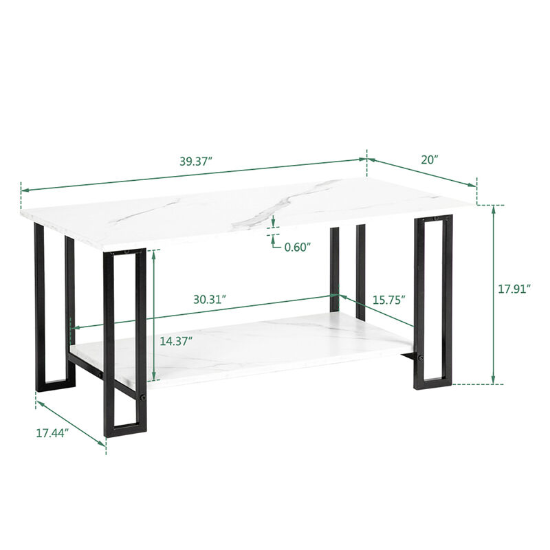Coffee Table, 2 Layers 1.5cm Thick Marble MDF Rectangle 39.37 L Table Top Iron Coffee