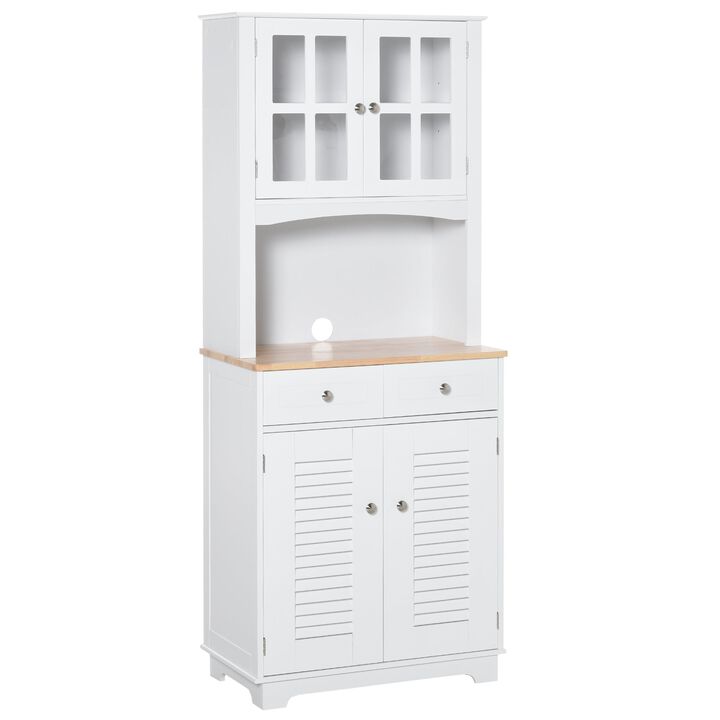 White Kitchen Organizer: 67" Hutch Cabinet with Glass Doors and Drawers