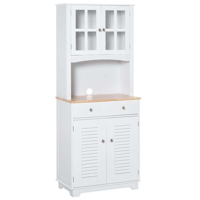 White Kitchen Organizer: 67" Hutch Cabinet with Glass Doors and Drawers