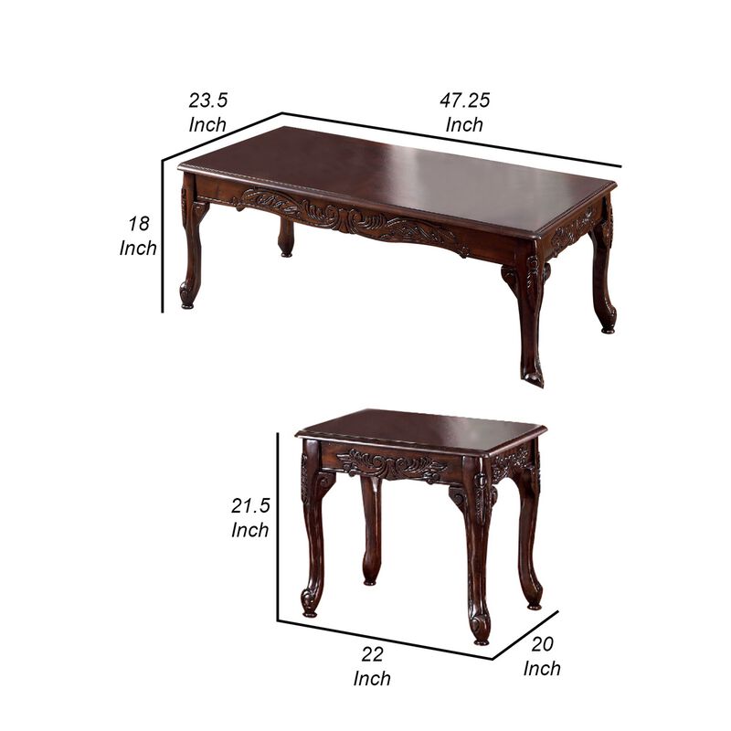 3 Piece Occasional Wooden Table Set with Engraved Details, Cherry Brown-Benzara