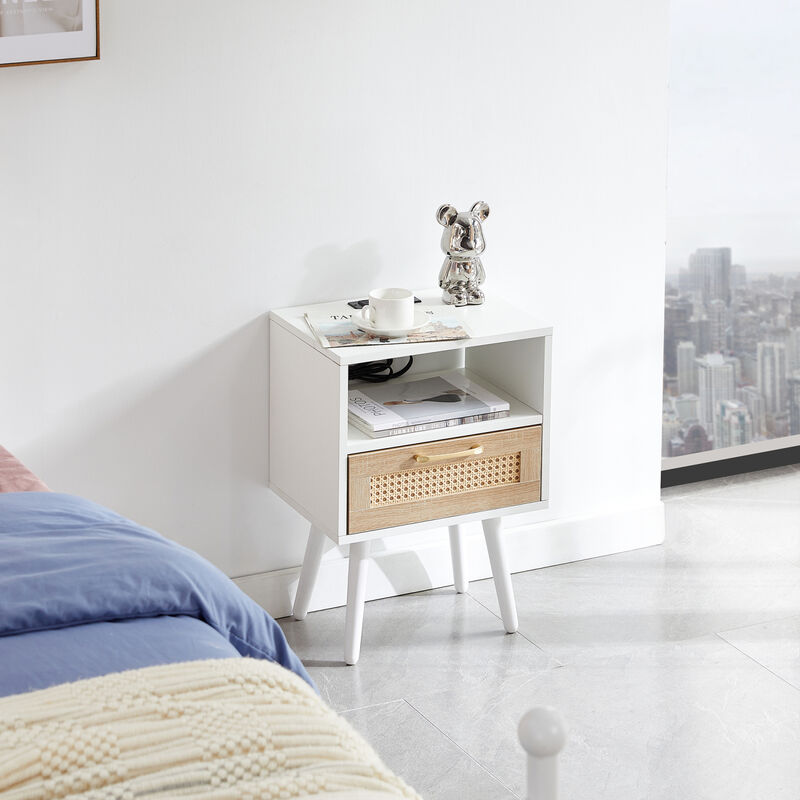Rattan End table with Power Outlet & USB Ports , Modern nightstand with drawer and solid wood legs, side table for living roon, bedroom, white