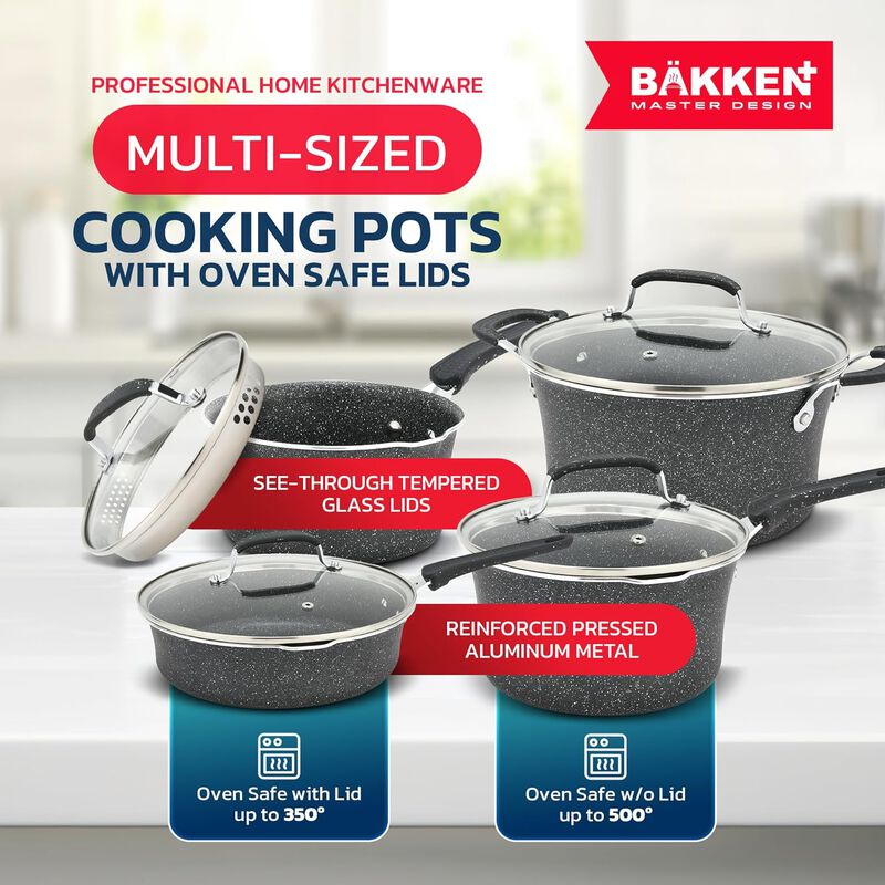 Bakken- Swiss Kitchen Cookware Set - Nonstick Coating, Pot and Pans Set with Handle Grips & Tempered Glass Lids, PFOA, PFOS, PTFE Free, Ceramic Max Temperature (Up To 500° F), Set of 23