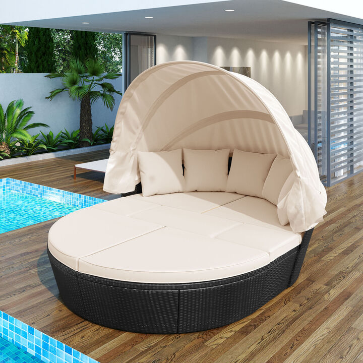 Whisen Outdoor Rattan Daybed Sunbed with Retractable Canopy Wicker Furniture, Round Outdoor Sectional Sofa Set