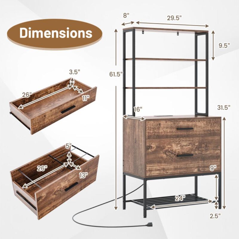 Hivvago Freestanding File Cabinet with Charging Station and 3-Tier Open Shelves