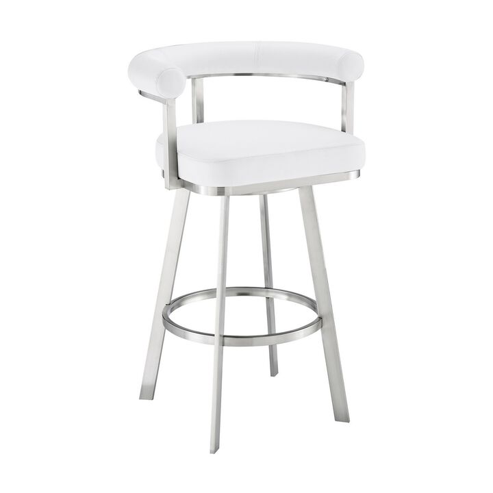 Gini 26 Inch Swivel Counter Stool, Round Back, Chrome, White Faux Leather - Benzara