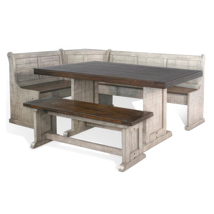 Camie 4pc Corner Breakfast Nook Set, Gray Brown Dining Table and Bench - Benzara