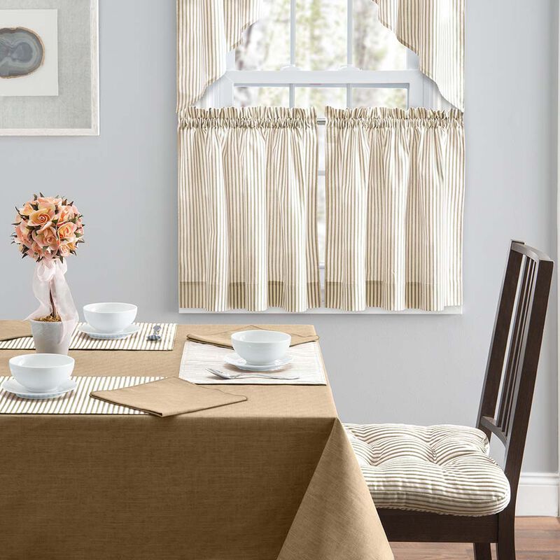 Ellis Curtain Plaza Classic Ticking Stripe Printed 1.5" Rod Pocket Tailored Tiers Tan