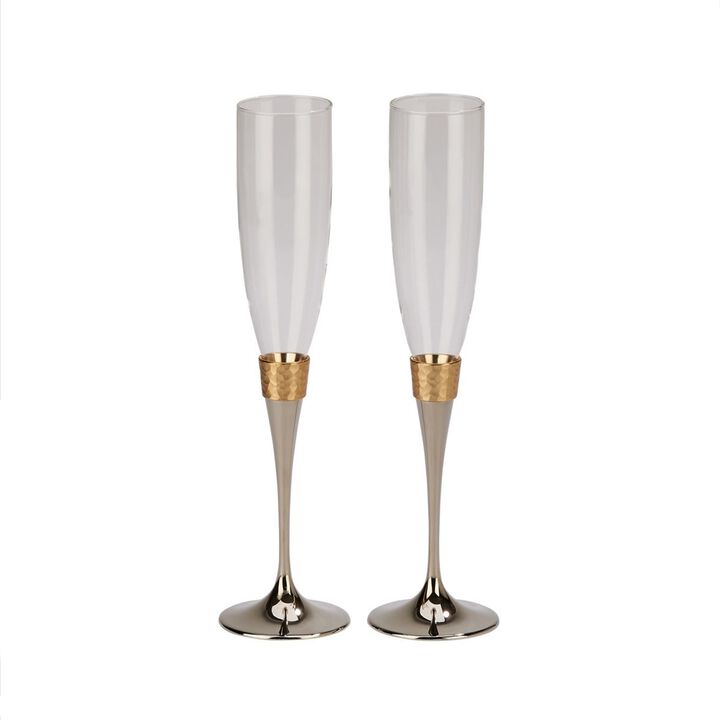 Hammered Gold Band Champagne Flutes Set
