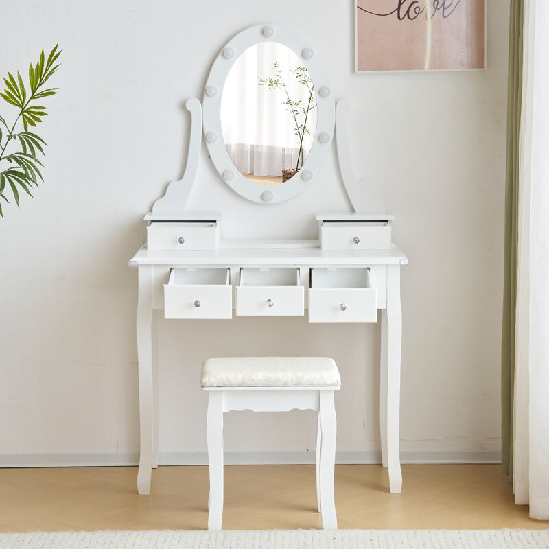 Dressing Table with LED Mirror, Power Outlet, Drawers & Cushioned Stool