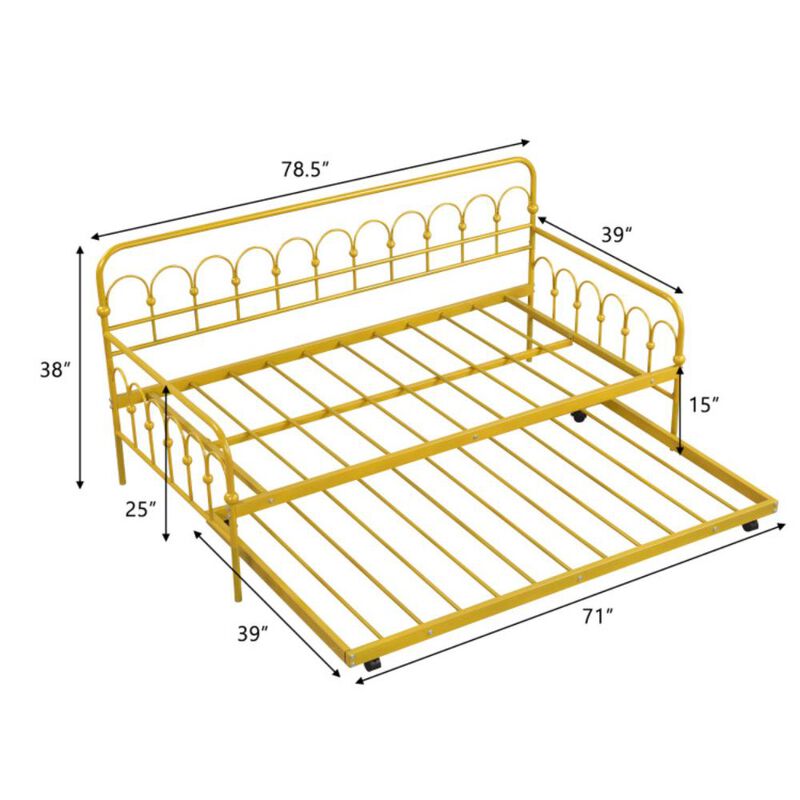 Hivvago Twin Size Golden Metal Daybed with Trundle and Lockable Wheels