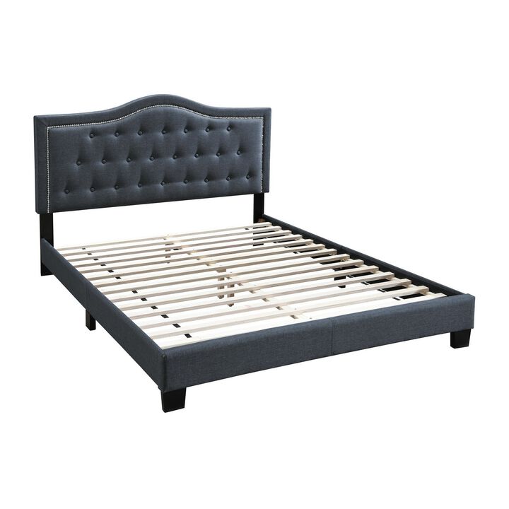 Button Tufted Queen Burlap Bed with Curved Headboard, Charcoal Gray-Benzara