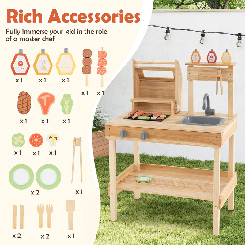 Wooden Barbecue Grill Playset with Play Food and Open Shelves
